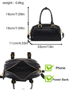 Retro black bowling handbag with precise dimensions and large capacity interior view