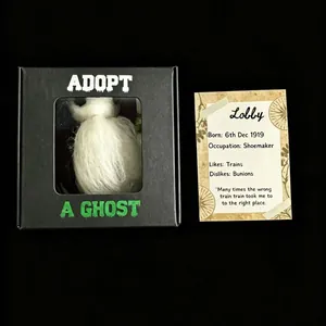 Close-up of Adopt A Ghost gift set with white plush ghost and biographical card