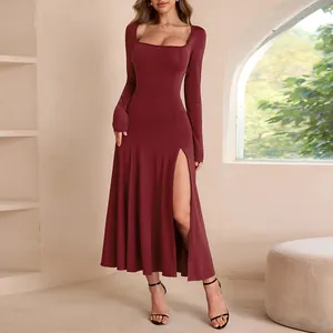 Robe Femme Manches Longues Polyester Spandex Col Carré Fente Haute Coupe Ajustée Midi Moulante Élégante Noir