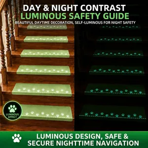 Luminous non-slip stair tread mats with paw print, day and night comparison view