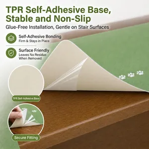 Non-slip green stair tread mat with TPR self-adhesive backing and cute paw prints.