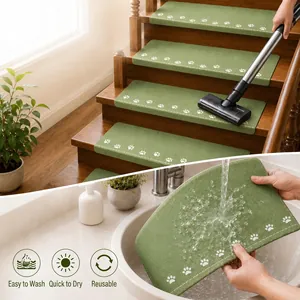 Non-slip green stair treads with paw prints, washable and self-adhesive design.