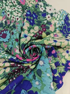 Detailed macro shot of vibrant multi-color floral print fabric for elegant spring dress