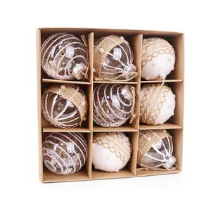 Set of 9 8cm decorative Christmas balls with lace, pearls and burlap in gift box