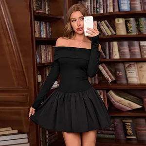 Elegant black off-the-shoulder long sleeve mini dress with a flared A-line skirt