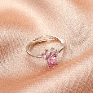 Adjustable silver cat paw ring with pink heart crystal jewelry