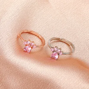 Elegant adjustable cat paw open rings with pink heart crystals in rose gold and silver