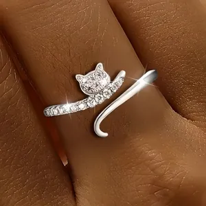 Cat Animal Open Rings For Women Adjustable Alloy Geometric Minimalist Fashion Jewelry Accessories With Rhinestone