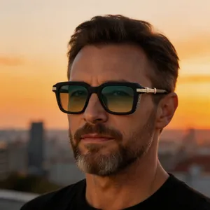 Close-up of man wearing vintage square steampunk sunglasses against sunset backdrop.