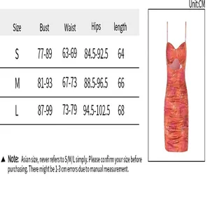 Detailed size chart for the printed ruched bodycon camisole dress in CM