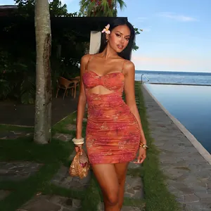 Sexy floral print spaghetti strap ruched bodycon mini dress for summer vacation