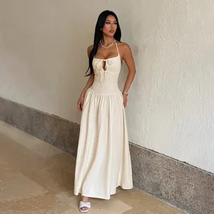Robe Maxi Licou Femmes Polyester Spandex Évidée Lacets Dos Nu Sexy Vintage Français Taille Haute Ligne A Sans Manches