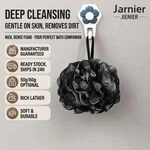 Soft black dual-tone bamboo charcoal shower ball loofah sponge with hanging hook for bath