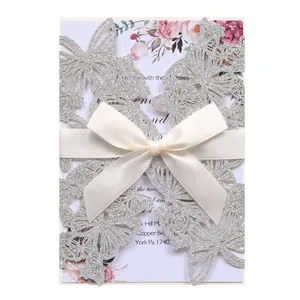 Lasergeschnittene Schmetterling Rose Glitzerpapier Hochzeitseinladungen Europäischer Stil Ausgehöhlte Grußkarten Einladungen Hülle Für Bankett Party Bedarf