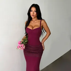 Maxi Dress Wine Red Lace Patchwork V Neck Sleeveless Spaghetti Strap Backless Ruched Polyester Sexy Elegant Party Women