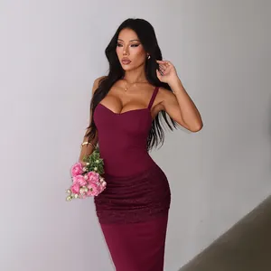 Sexy burgundy deep V-neck camisole dress featuring elegant lace stitching