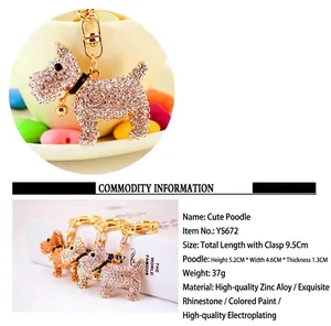 Detailed specifications of the crystal poodle keychain with dimensions and materials.