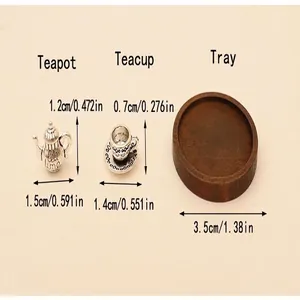 Miniature dollhouse tea set dimensions: teapot, teacup, and wooden tray details