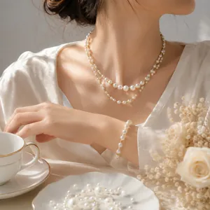 Elegant white multi-strand ABS imitation pearl necklace and matching bracelet set
