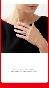Detailed view of S925 silver moissanite ring with elegant floral lace design on hand