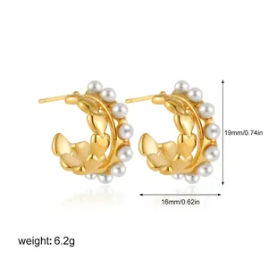 Detailed product specifications for gold-plated heart hoop earrings with pearls