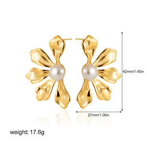 Detailed view of 18k gold stainless steel flower earrings with pearl center and measurements