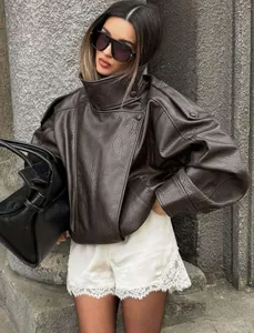 Oversized dark brown lychee grain leather jacket with retro stand-up collar detail