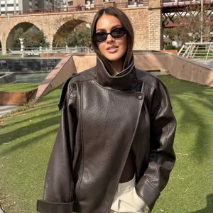 Women's Vintage Faux Leather Jacket Stand Collar Lychee Grain Long Sleeve Outerwear Fashion Cropped Streetwear Biker Coat