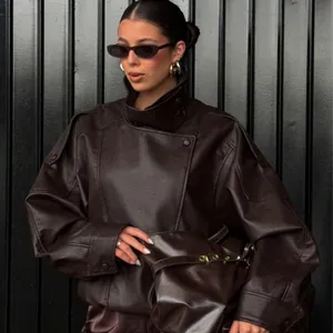 Retro European style dark brown lychee grain long-sleeved leather jacket for women