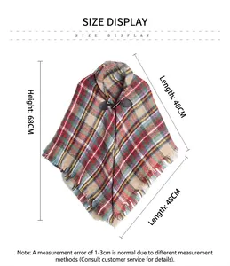Detailed size chart showing dimensions for kids plaid poncho with horn buckle closure
