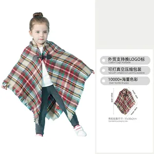 Cozy kids plaid poncho cloak with toggle button and fringe hem for autumn winter