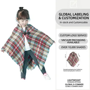 Cozy kids plaid poncho cloak with toggle button and fringe hem for autumn winter