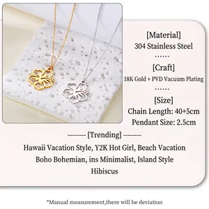 PVD 18K gold plated stainless steel hibiscus flower pendant necklace detail view