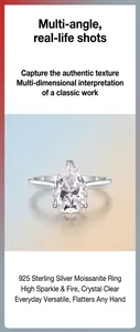Detailed macro view of a sparkling pear-cut moissanite gemstone set on a 925 silver ring.