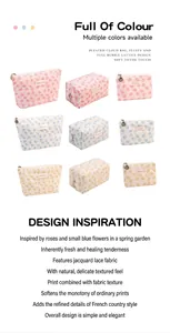 Detailed view of floral jacquard makeup bags in multiple colors and bag styles.