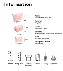 Floral mesh makeup bags in three sizes with detailed dimensions and capacity icons