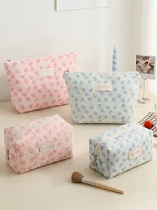 Floral Lace Makeup Bag Polyester Mesh Pouch Zippered Cosmetic Organizer Portable Travel Wash Bag Elegant Style For Women