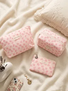 Premium pink floral lace mesh makeup bag set for elegant portable skincare storage