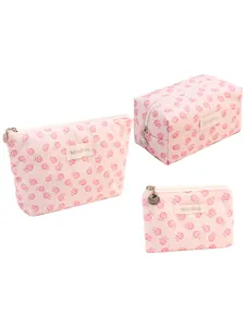 Pink floral mesh jacquard makeup bag set featuring elegant shell zipper pull accents
