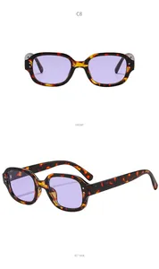 Detail view of trendy oval sunglasses with tortoiseshell frame and purple lenses from two angles.