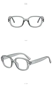Detail view of transparent grey oval frame glasses showing both front and side