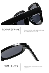 Close-up of texture frame and firm hinges on black oval sunglasses.