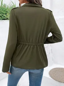 Back view detail of casual olive green long sleeve jacket with drawstring waist