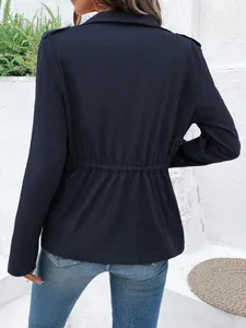 Back view of a navy blue long sleeve jacket with adjustable drawstring waist detail
