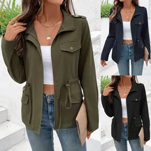 Women Casual Polyester Jacket Long Sleeve Drawstring Waist Outerwear With Cargo Pockets Stand Collar Solid Color Coat