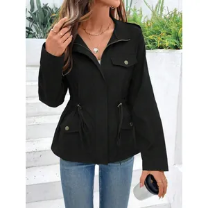 Women's casual black drawstring waist jacket with long sleeves and utility pockets