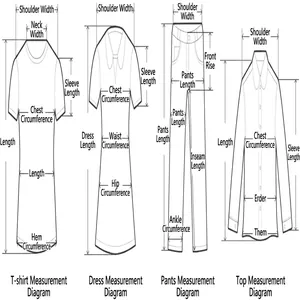 A comprehensive clothing measurement guide for tops, dresses, and pants sizing chart.