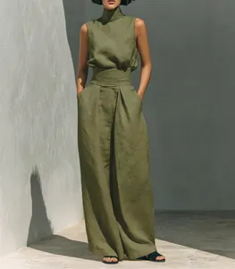 Elegant olive green cotton-linen sleeveless top and pleated wide-leg trousers set