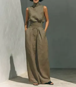 Elegant olive green cotton-linen sleeveless high-neck top and wide-leg trousers set