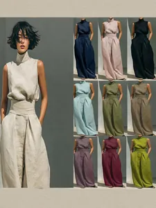 Women Summer Solid Color Vacation Style Sleeveless High Neck Top And Wide Leg Pants Casual Loose Polyester Lounge Top And Pants